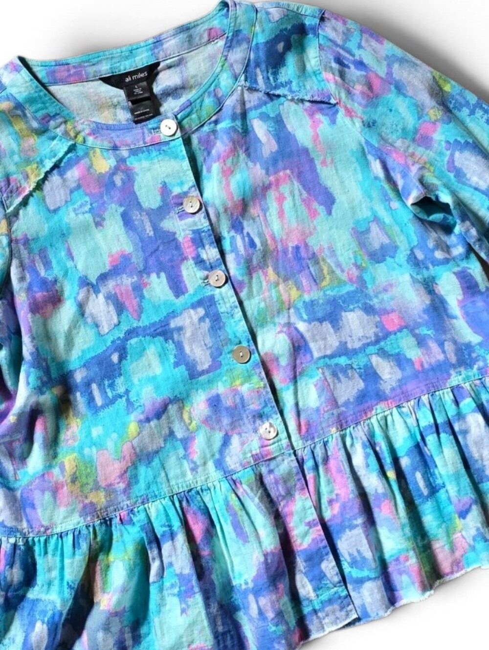 ALI MILES Turquoise Abstract Button Front Top Blue Purple Pink Linen Size Large